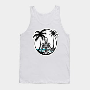 skeleton, beach, surf, palm tree and waves. Tank Top